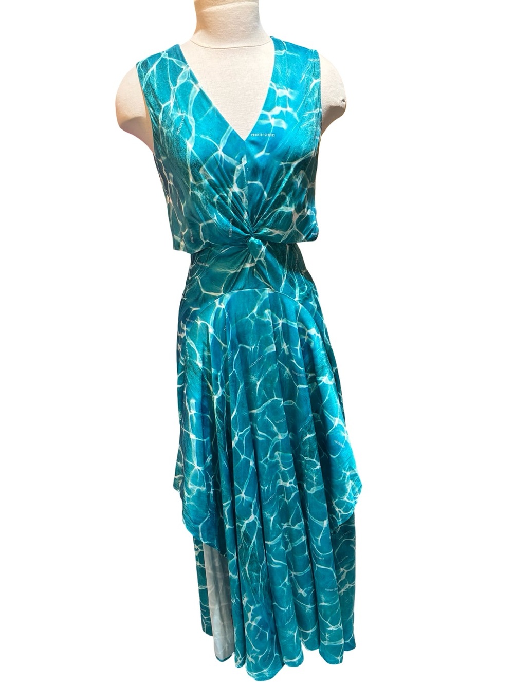 MAJE silk Knot-Front Turquoise Waterprint Maxi Dress